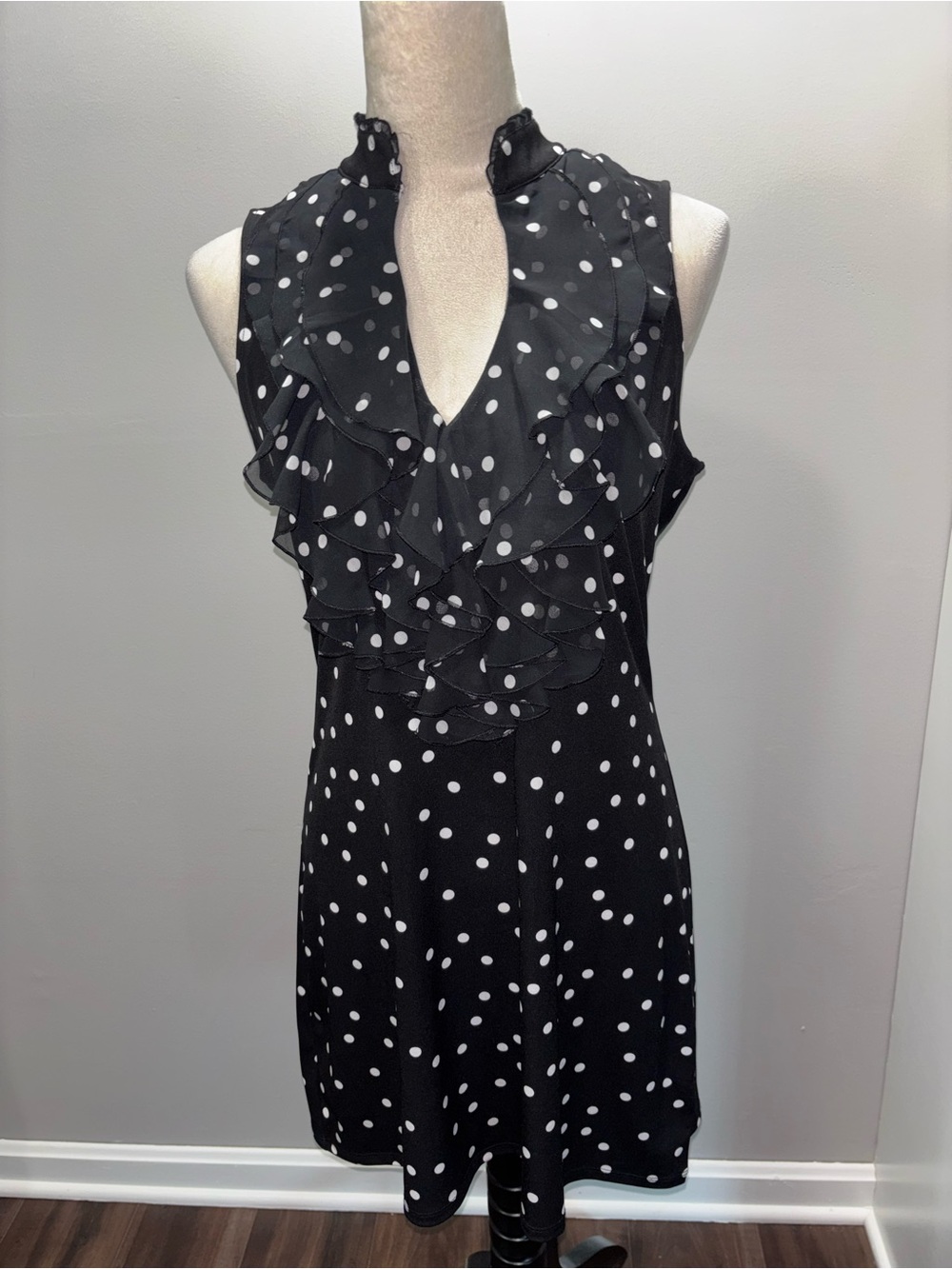 White House Black Market Sleeveless Black & White Polka Dot Ruffle Dress